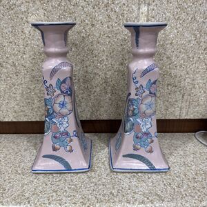 Candle Sticks (2) Chinoiserie Porcelain, Pastel Raised Floral Design 9” Tall